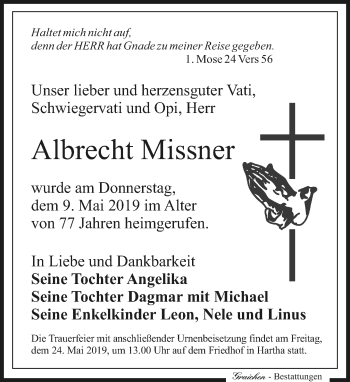 Traueranzeige von Albrecht Missner von Leipziger Volkszeitung
