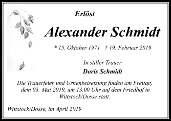Traueranzeige von Alexander Schmidt von Märkischen Allgemeine Zeitung