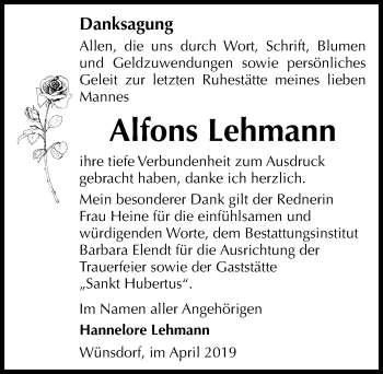 Traueranzeige von Alfons Lehmann von Märkischen Allgemeine Zeitung