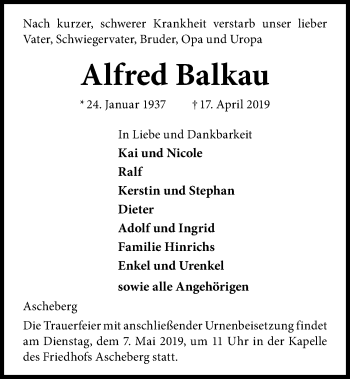 Traueranzeige von Alfred Balkau von Kieler Nachrichten