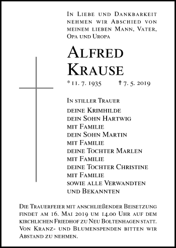 Traueranzeige von Alfred Kruse von Ostsee-Zeitung GmbH