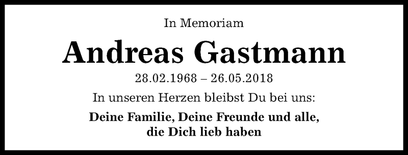  Traueranzeige für Andreas Gastmann vom 25.05.2019 aus Hannoversche Allgemeine Zeitung/Neue Presse