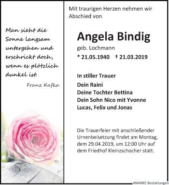 Traueranzeige von Angela Bindig von Leipziger Volkszeitung