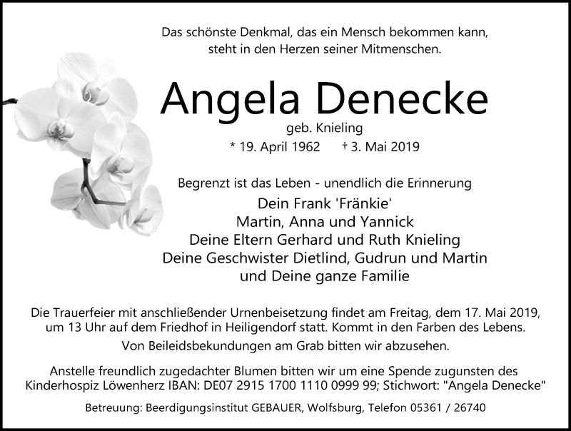 Traueranzeige für Angela Denecke vom 11.05.2019 aus Aller Zeitung
