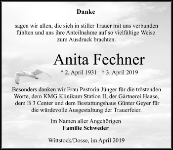Traueranzeige von Anita Fechner von Märkischen Allgemeine Zeitung