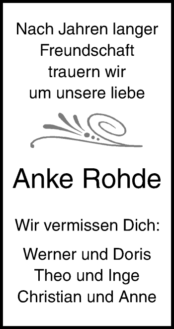 Traueranzeige von Anke Rohde von Lübecker Nachrichten