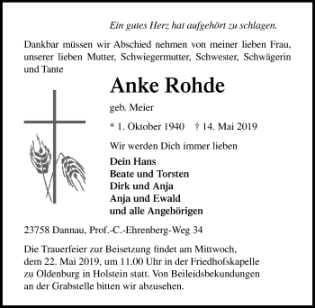 Traueranzeige von Anke Rohde von Lübecker Nachrichten