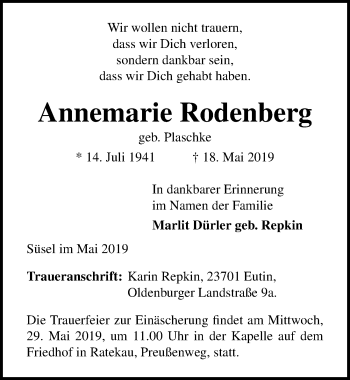 Traueranzeige von Annemarie Rodenberg von Lübecker Nachrichten