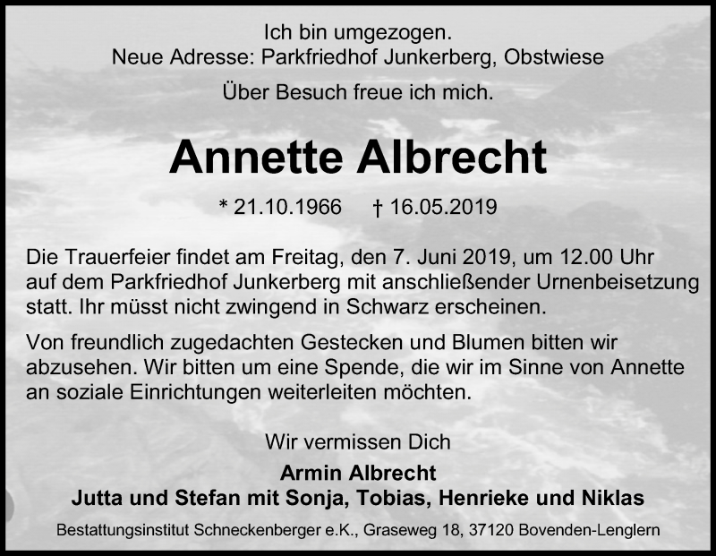  Traueranzeige für Annette Albrecht vom 25.05.2019 aus Göttinger Tageblatt