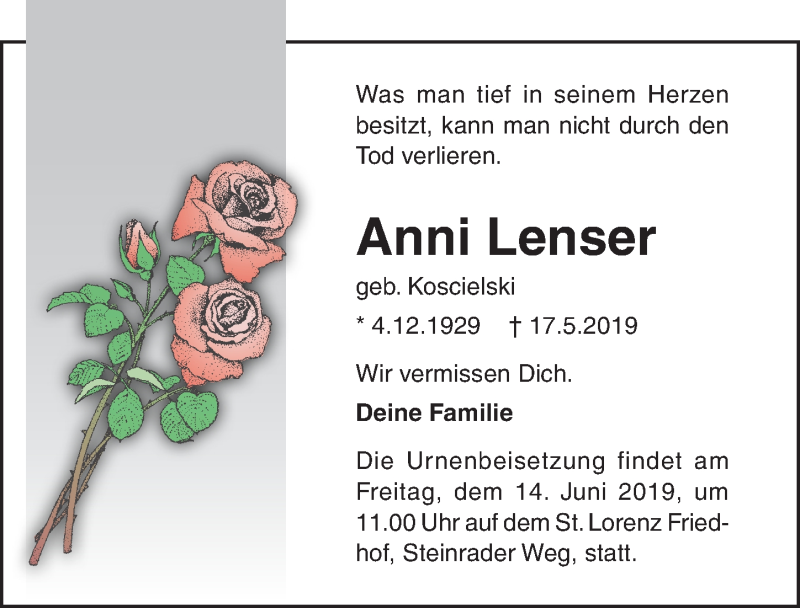  Traueranzeige für Anni Lenser vom 26.05.2019 aus Lübecker Nachrichten