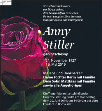 Traueranzeige von Anny Stiller von Leipziger Volkszeitung