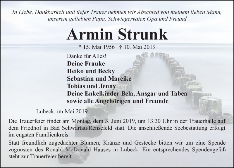 Traueranzeige für Armin Strunk vom 19.05.2019 aus Lübecker Nachrichten