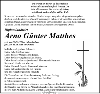 Traueranzeige von Arno Günter Matthes von Leipziger Volkszeitung