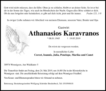 Traueranzeige von Athanasios Karavranos von Hannoversche Allgemeine Zeitung/Neue Presse