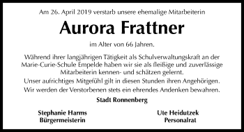 Traueranzeige von Aurora Frattner von Hannoversche Allgemeine Zeitung/Neue Presse