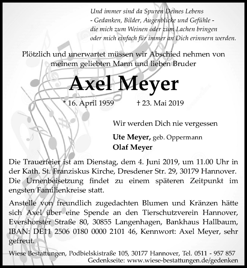  Traueranzeige für Axel Meyer vom 29.05.2019 aus Hannoversche Allgemeine Zeitung/Neue Presse