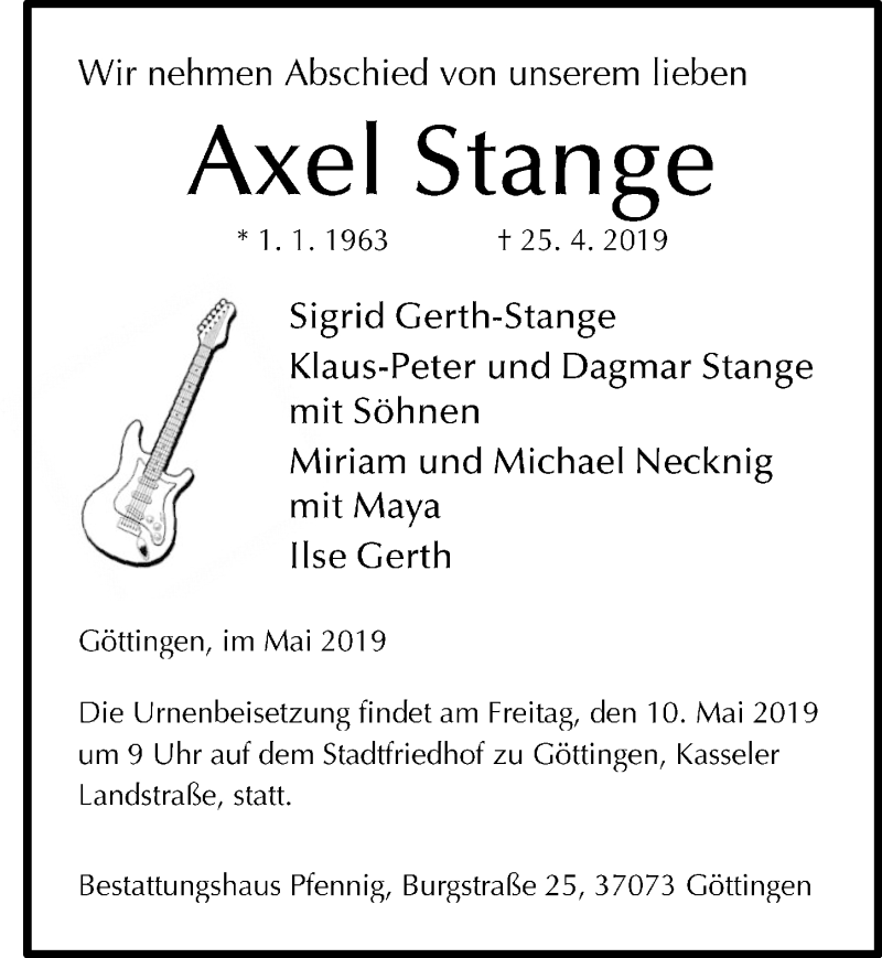  Traueranzeige für Axel Stange vom 04.05.2019 aus Göttinger Tageblatt