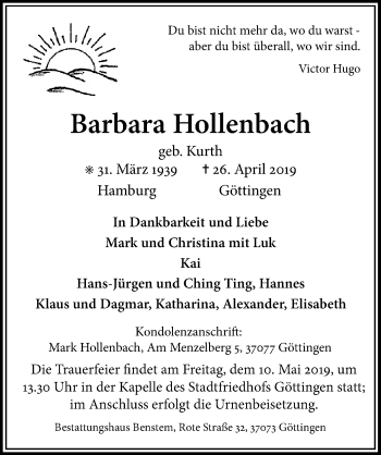 Traueranzeige von Barbara Hollenbach von Göttinger Tageblatt