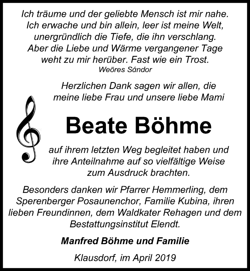  Traueranzeige für Beate Böhme vom 20.04.2019 aus Märkischen Allgemeine Zeitung