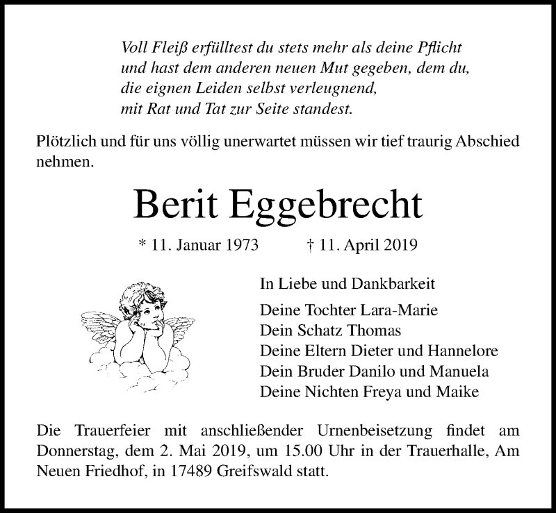  Traueranzeige für Berit Eggebrecht vom 27.04.2019 aus Ostsee-Zeitung GmbH