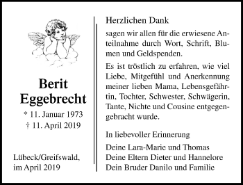 Traueranzeige von Berit Eggebrecht von Lübecker Nachrichten