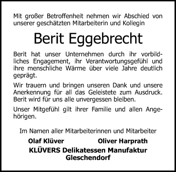Traueranzeige von Berit Eggebrecht von Lübecker Nachrichten