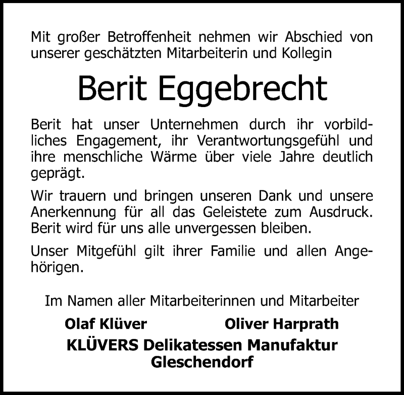  Traueranzeige für Berit Eggebrecht vom 01.05.2019 aus Lübecker Nachrichten