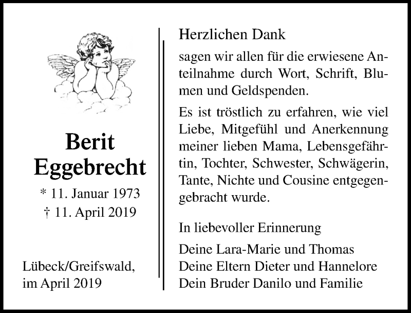  Traueranzeige für Berit Eggebrecht vom 11.05.2019 aus Ostsee-Zeitung GmbH