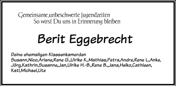 Traueranzeige von Berit Eggebrecht von Ostsee-Zeitung GmbH