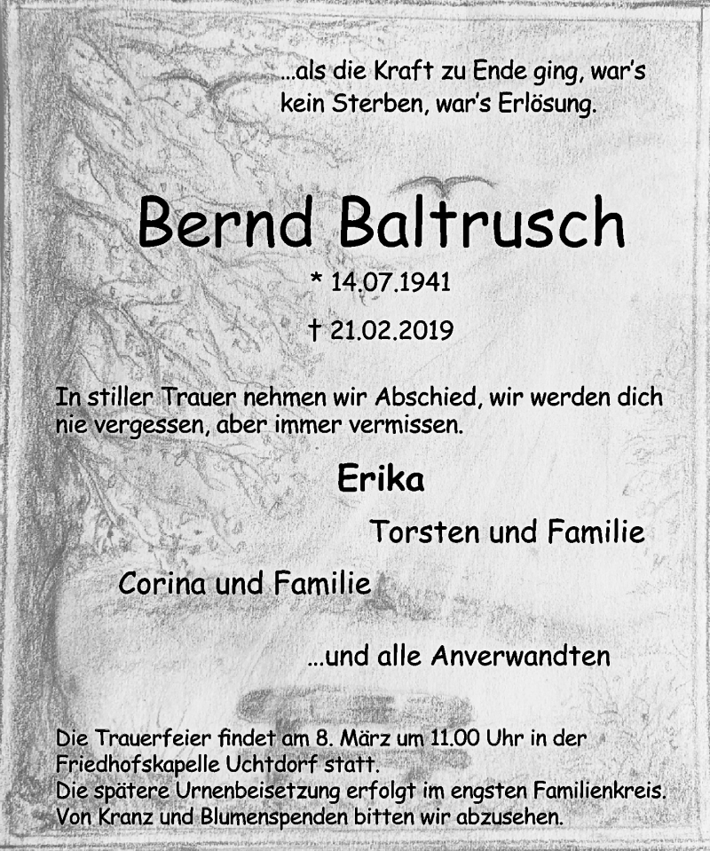  Traueranzeige für Bernd Baltrusch vom 02.03.2019 aus Schaumburger Nachrichten
