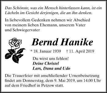 Traueranzeige von Bernd Hanike von Märkischen Allgemeine Zeitung
