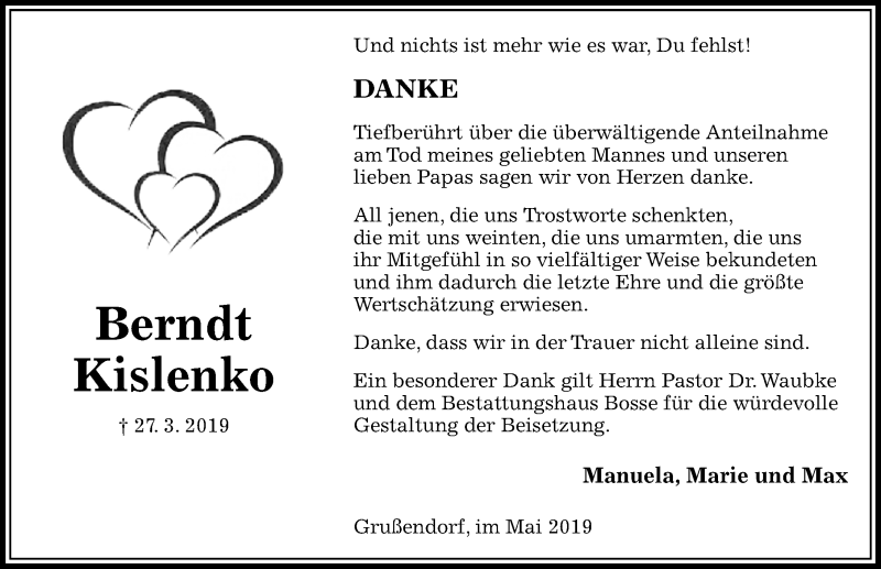  Traueranzeige für Berndt Kislenko vom 04.05.2019 aus Aller Zeitung