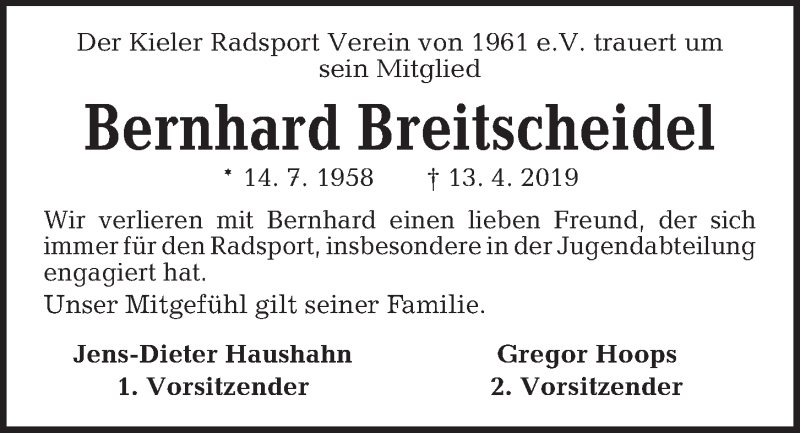  Traueranzeige für Bernhard Breitscheidel vom 20.04.2019 aus Kieler Nachrichten