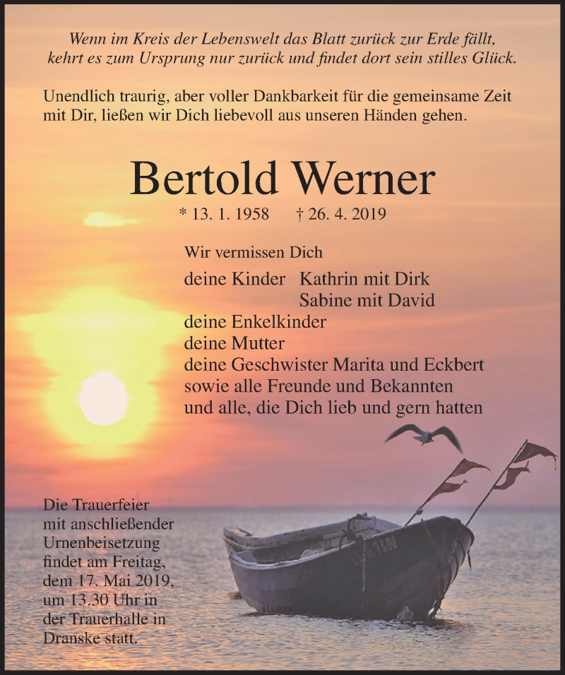  Traueranzeige für Bertold Werner vom 04.05.2019 aus Ostsee-Zeitung GmbH