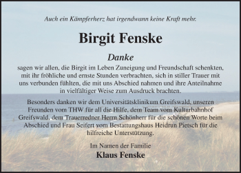 Traueranzeige von Birgit Fenske von Ostsee-Zeitung GmbH