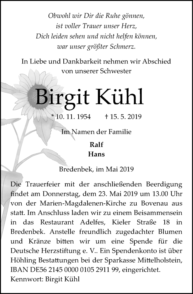  Traueranzeige für Birgit Kühl vom 18.05.2019 aus Kieler Nachrichten