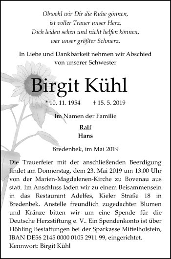 Traueranzeige von Birgit Kühl von Kieler Nachrichten