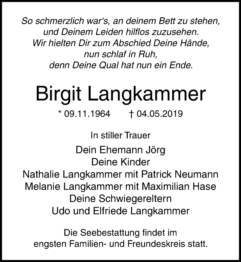  Traueranzeige für Birgit Langkammer vom 11.05.2019 aus Lübecker Nachrichten