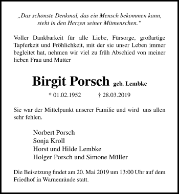 Traueranzeige von Birgit Porsch von Ostsee-Zeitung GmbH