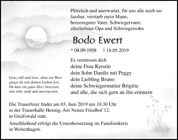 Traueranzeige von Bodo Ewert von Ostsee-Zeitung GmbH