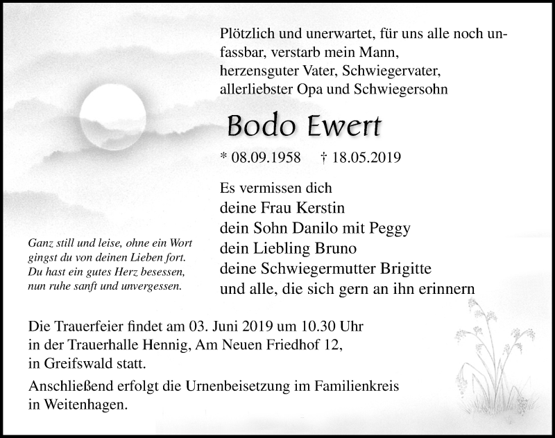  Traueranzeige für Bodo Ewert vom 25.05.2019 aus Ostsee-Zeitung GmbH