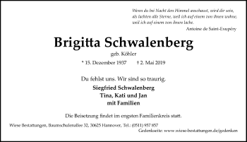 Traueranzeige von Brigitta Schwalenberg von Hannoversche Allgemeine Zeitung/Neue Presse