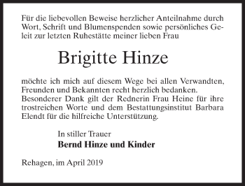 Traueranzeige von Brigitte Hinze von Märkischen Allgemeine Zeitung