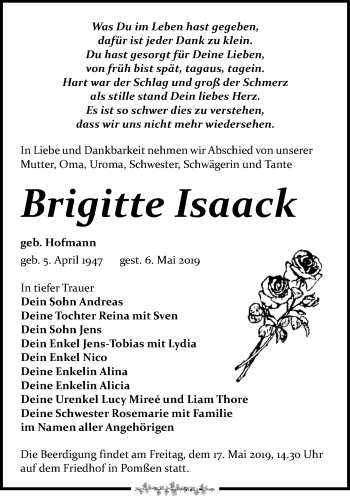 Traueranzeige von Brigitte Isaack von Leipziger Volkszeitung
