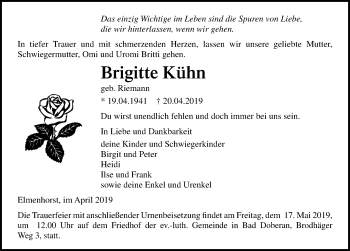 Traueranzeige von Brigitte Kühn von Ostsee-Zeitung GmbH