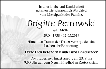 Traueranzeige von Brigitte Petrowski von Ostsee-Zeitung GmbH