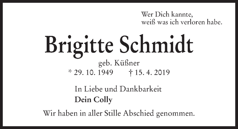  Traueranzeige für Brigitte Schmidt vom 27.04.2019 aus Kieler Nachrichten