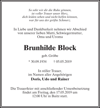 Traueranzeige von Brunhilde Block von Märkischen Allgemeine Zeitung