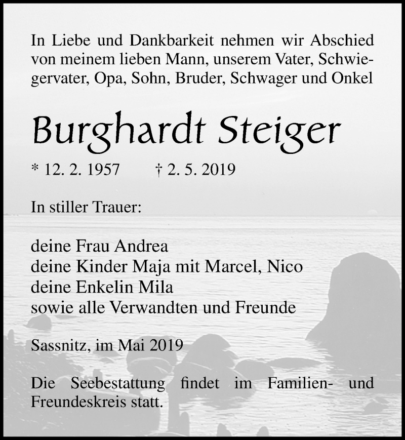  Traueranzeige für Burghardt Steiger vom 11.05.2019 aus Ostsee-Zeitung GmbH