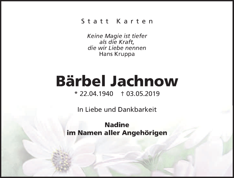  Traueranzeige für Bärbel Jachnow vom 11.05.2019 aus Hannoversche Allgemeine Zeitung/Neue Presse